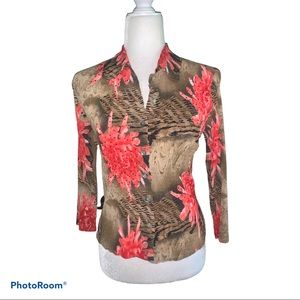 Alberto Makali Brown Animal Print Top with Coral Flowers Sz S
